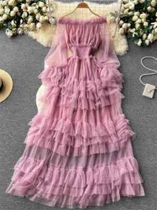 Fashion Cake Mesh Party Dress Women Off The Shoulder Elastic Lace Dress - Picture 1 of 27