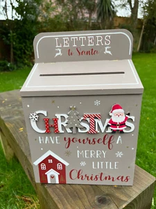 Santa Christmas Post Box grey Wood Merry Xmas List Wall Mounted Mailbox - Picture 1 of 5