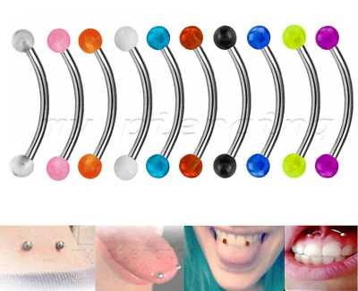 PAIR 16G 14G Steel Curved Barbell with UV Ball Ends Tongue Snake-Eyes Piercing - Image 1 of 4