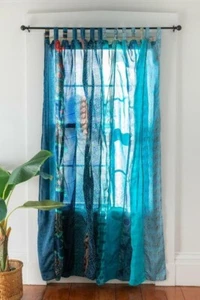 2 Pc Indian Vintage Sari Patchwork Curtain Drape Window Decor Silk Aqua Curtain - Picture 1 of 6