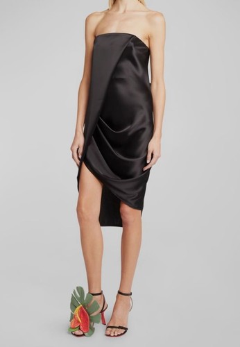 Abito midi drappo LOEWE da donna nero senza spalline raso piegato $2100 taglia 34