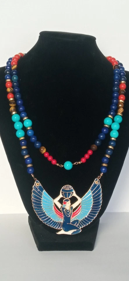 Collana Iside egiziana in lapislazzuli turchese pasta di corallo e pendente raro - Immagine 1 di 4