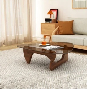 Triangle Coffee Table in Walnut Mid Century Modern Solid Wood Base glass top - Picture 1 of 3