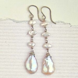 Cultured All Nacre Petal & Keishi PEARL Earrings Hand Crafted All Sterling Silve