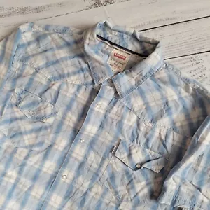 Levis Pearl Snap Short Sleeve Shirt Men XXL 2XL Blue White Plaid Modern Fit - Picture 1 of 10