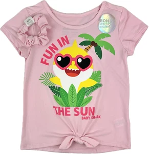 Pinkfong Kids 2 Pc Pink Short Sleeve Baby Shark Scrunchie and T Shirt Set Sz 5 - Picture 1 of 3