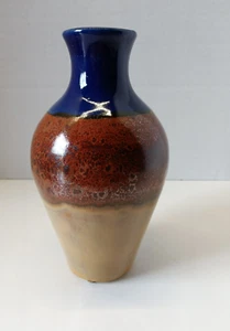 Studiokeramik Vase Steinzeug blau orange hellbraun tropfenglasiert 7" - Bild 1 von 9