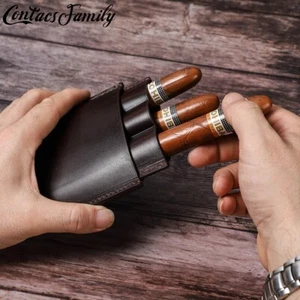 Genuine Leather Men's Humidor Box Cigar Storage Case Pouch Travel Hold 3 Cigars - Picture 1 of 8