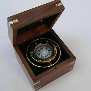 Nautical Marine Gimballe Ship Solid Brass Compass in wooden Box Gift Item - Picture 1 of 3