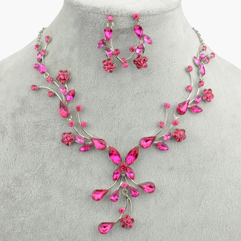 Parure de bijoux femme argentée strass fleurs rose fuchsia pour soirée P119 - Photo 1/1