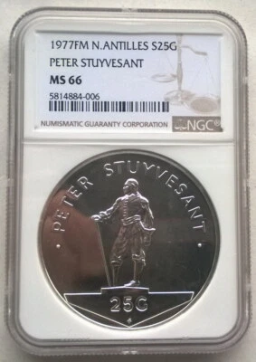 Netherlands Antilles 1977 Peter Stuyvesant 25 Gulden NGC MS66 1.25oz Silver Coin - Image 1 of 2