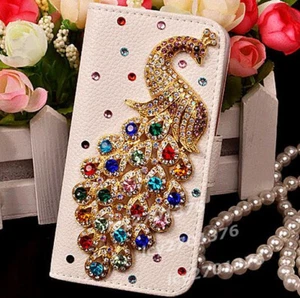 Bling Pfau Leder Flip Wallet Case + 2 Stück Glas Displayschutz + 2 Schlüsselband - Bild 1 von 10