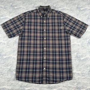 Carhartt Button Up Shirt Men’s Size Medium Navy Blue Plaid Distressed Cotton - Picture 1 of 14