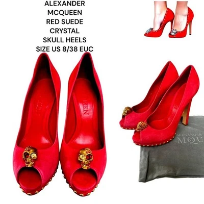 AUTHENTIC ALEXANDER MCQUEEN RED PUMPS HEELS CRYSTAL SKULL SUEDE RARE US 8/38 - Image 1 of 4