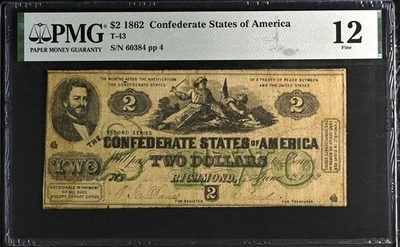 1862 T-43 $2 The Confederate States of America Note  PMG VF 12 - Image 1 of 2