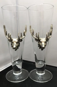 Arthur Court Pilsner Beer Glass 14oz Set Of 2 Deer Elk Head Vintage Beer Glass - Picture 1 of 14
