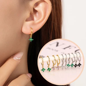 Small Hoop Earrings Mini Dangle Dainty Green Clover Crystal Charm Womens Gift - Picture 1 of 18