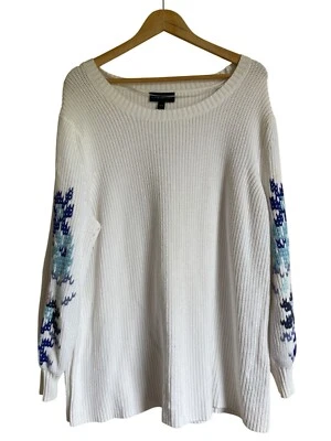 Suéter Lane Bryant Talla 22/24 Blanco Acanalado Floral Bordado Manga Cuello Redondo B Foto 1 de 4