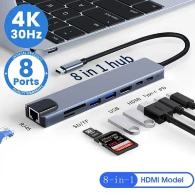 8-in-1 USB-C HUB 4K Thunderbolt 3 Docking Station MacBook Air M1 iPad Pro RJ45 - Image 1 of 4