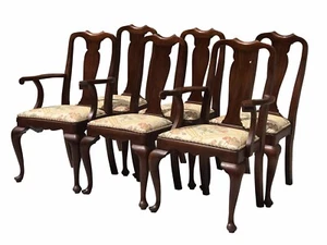 20TH C HENKEL HARRIS SET OF SIX QUEEN ANNE ANTIQUE STYLE WALNUT DINING CHAIRS - Picture 1 of 11