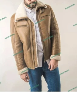 Men's Aviator Beige B3 Real Shearling Sheepskin Leather Bomber Flying Fur Jacket - Picture 1 of 3