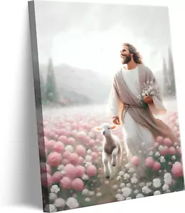 Jesus with Lamb Canvas Wall Art Christian God Savior Wall Decor Picture The L... - Picture 1 of 9