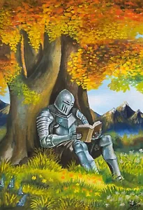 Original Watercolor Painting A4 Armored Warrior Knight Reading Under Autumn Tree - Picture 1 of 8