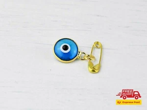 Gold Colour Lucky Blue Evil Eye Glass Protection Safety Pin Brooch For Baby - Bild 1 von 5