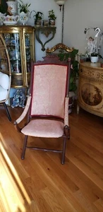Vintage Antique Folding Wooden Chair Carved Floral Design upholstery red golden - Picture 1 of 12