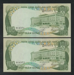 1972 South Vietnam National Consecutive Pair Một Trăm Đồng Banknotes Pick 31a - Picture 1 of 3