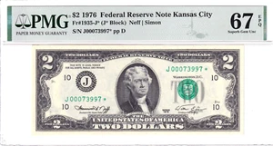 1976 $2 FRN Kansas City **STAR** PMG Superb Gem Uncirculated 67EPQ #J00073997* - Picture 1 of 2