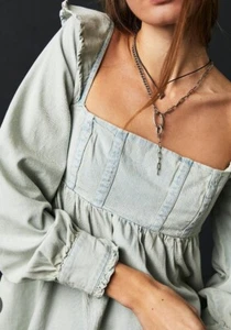 NEW Free People About You Denim Babydoll Tunic L Large Puff Sleeve Ruffle Dress - Picture 1 of 5