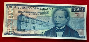 1981 Mexico Banknote 50 Pesos Benito Juarez Paper Money SERIE KF PREFIX F9869400 - Picture 1 of 2