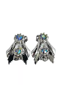 Orecchini Vintage Clip Foglia Floreale Tono Argento Lucido con Accenti AB - Foto 1 di 7