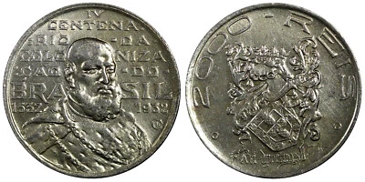 Brazil Silver 1932 2000 Reis 400th Anniversary of Colonization KM# 532 (214) - Image 1 of 3