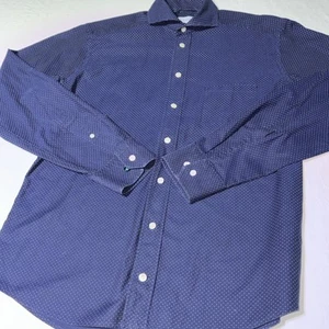 Eton Dress Shirt Mens Medium 39 Slim Fit Button-Up Navy Blue Dotted READ - Picture 1 of 9