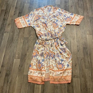 Peach Floral Kimono Robe Open Front Tie Waist One Size Rayon Boho - Picture 1 of 6