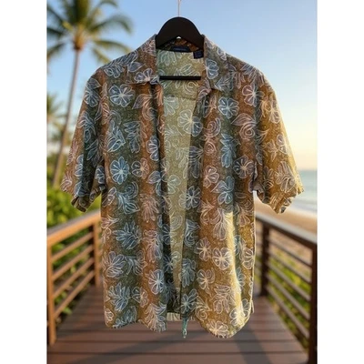 Ocean Pacific OP Hawaiian Floral Button Shirt Blue Tan Large - Image 1 of 4