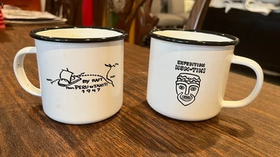 Juego de 2 tazas de café de hojalata blanca Kon Tiki Norway Explorer Museum Oslo Foto 1 de 4