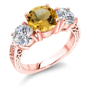 2.98 Ct Yellow Citrine and Lab Grown Diamond 18K Rose Gold Plated Silver Ring - Picture 1 of 4