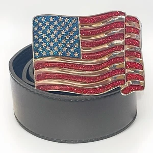 USA Patriotic Flag Hook Buckle Men’s Size 36” Black Faux Leather Belt Adjustable - Picture 1 of 5