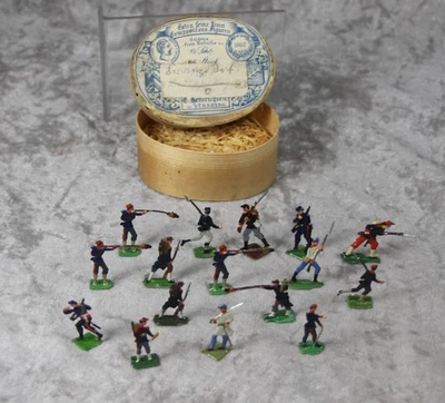 Fabulous Antique German Mini Flat Lead Soldiers Set in Orig Oval Wood Box - Image 1 of 4