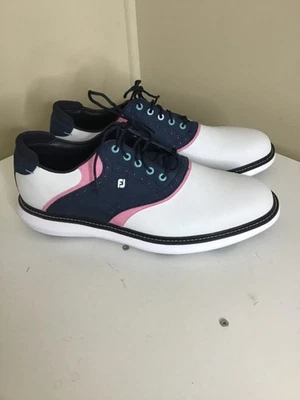 Zapato de golf FootJoy Tradiciones estilo temporada anterior para hombre, blanco/azul/rosa, 13 Foto 1 de 3