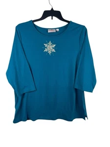 Quacker Factory 1X Top Adornado Copo de Nieve Azul Turquesa Vacaciones Invierno - Imagen 1 de 12