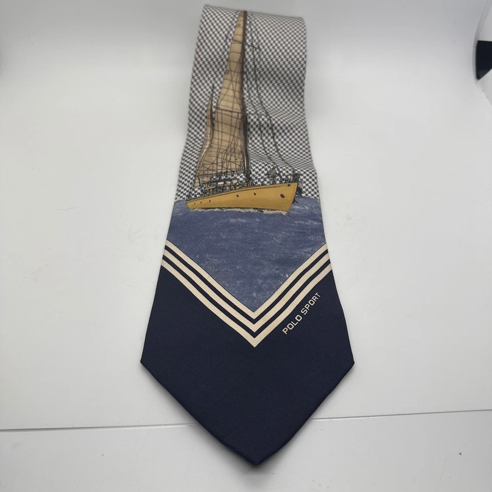 Polo Sport Ralph Lauren Mens Neck Blue White Tie Sailing Yacht Nautical 100%Silk - Image 1 of 4