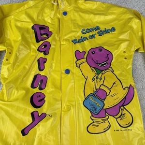 Vtg 90s Barney the Purple Dinosaur 1992 ~ Kids Size 3 Rain Jacket Yellow Rare - Picture 1 of 24