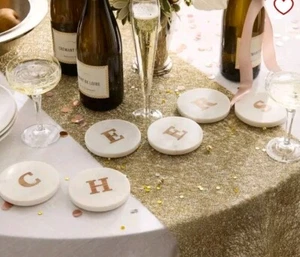 New Pottery Barn Marble & Wood Alphabet Round Coasters Box Set Of 4 Letter "M" - Picture 1 of 14