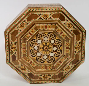 Vintage Octagon Marquetry Wood Mosaic Inlay Collectible Box Mother of Pearl EXC - Picture 1 of 8
