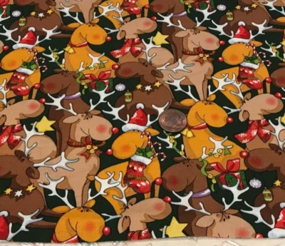 Santa's Reindeer *Packed*Red Hats * Fabri-Quilt * 100% Cotton Remnant * 8" X 22"