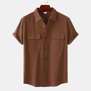 Men's Casual Button Down Shirts Short Sleeve Beach Linen Cotton Summer Shirt  ❀